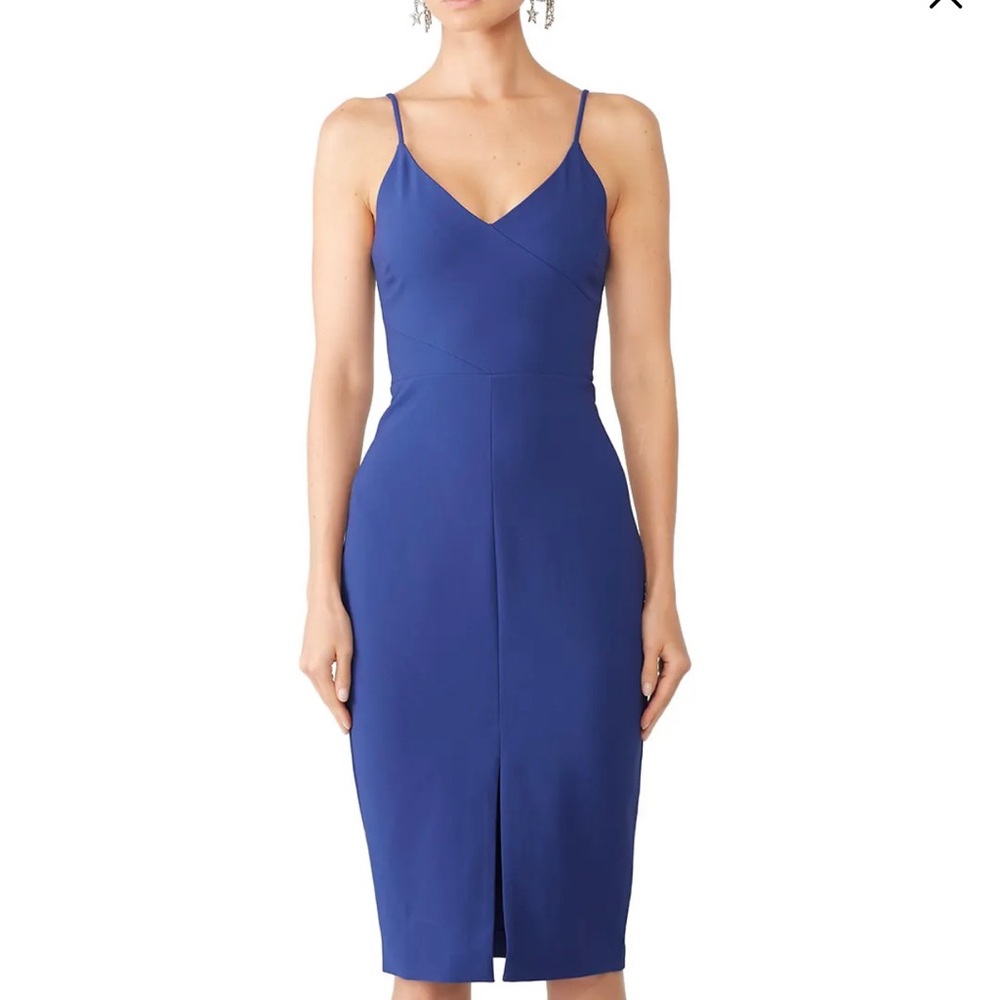 LIKELY Brooklyn Cocktail Dress Blue Midi Bodycon Strappy Sexy Front Slit Revolve - Picture 3 of 16